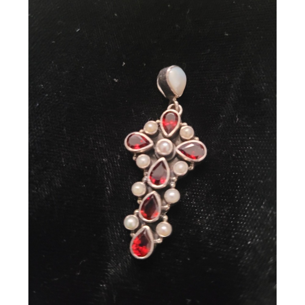 Sterling Silver Nicky Butler Cross Pendant Garnet And Pearl Made In India